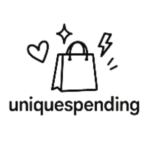 Logo of 'uniquespending' with a shopping bag, heart, star, and lightning bolt on a white background.